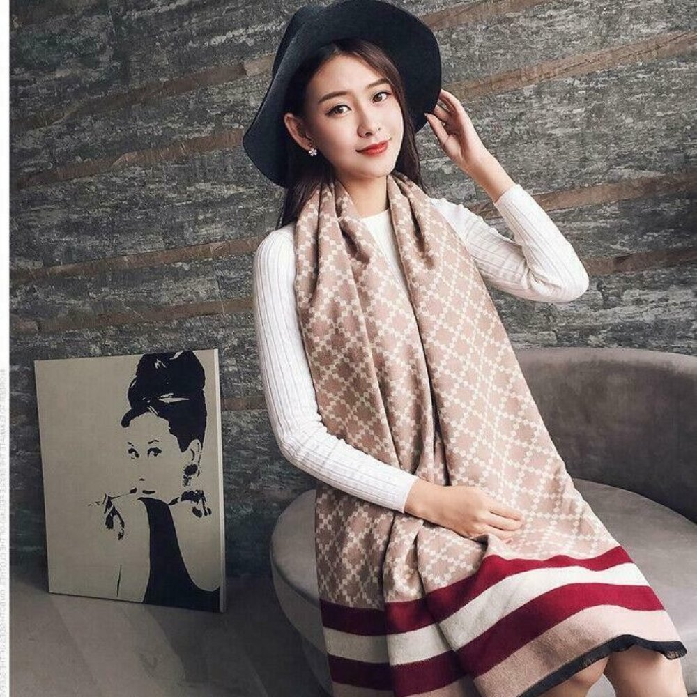 Oversized Checker Cashmere Blanket Tassel Long Scarf Shawl Wrap-Beige Red